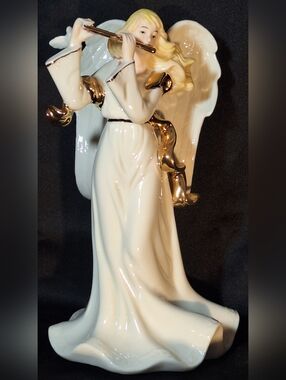 Elegant White and Gold Porcelain Angel Musical Sculpture  Home Art Decoration